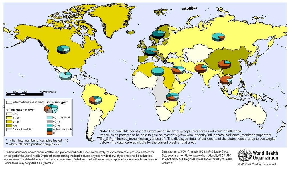 Figuur 3. Percentage van 26 februari tot 03 maart 2012 long monsters dat positief is getest op influenza. Percentages worden weergegeven per transmissie zone.