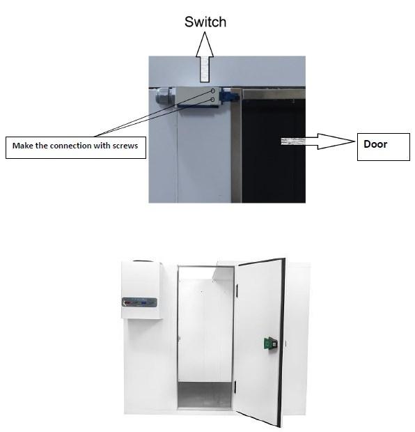 ENGLISH After complete assembly of the cold room, connect the door switch on the walls as follows. Use the screws to make the connection between door switch and the wall.