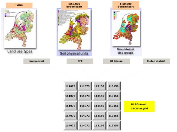 Door de overlay van de verschillende kaartlagen ontstaan er MLBG-eenheden met unieke kenmerken. In tabel B1.2 zijn voorbeelden gegeven van een aantal eenheden en bijbehorende kenmerken. Tabel B1.