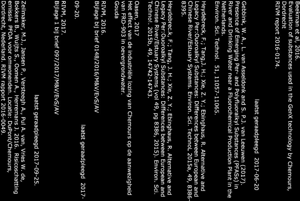 4 Literatuur Beekman et al, 2016. Evaluation of substances used in the GenX technology by Chemours, Dord recht RIVF 1 report 2016-0174. httij ://www.rivm.