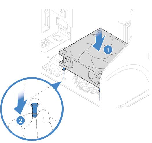 Figuur 64. De ventilator aan de voorzijde installeren 6. Sluit de kabel van de nieuwe ventilator voor aan op de systeemplaat. 7. Plaats de verwijderde onderdelen terug.