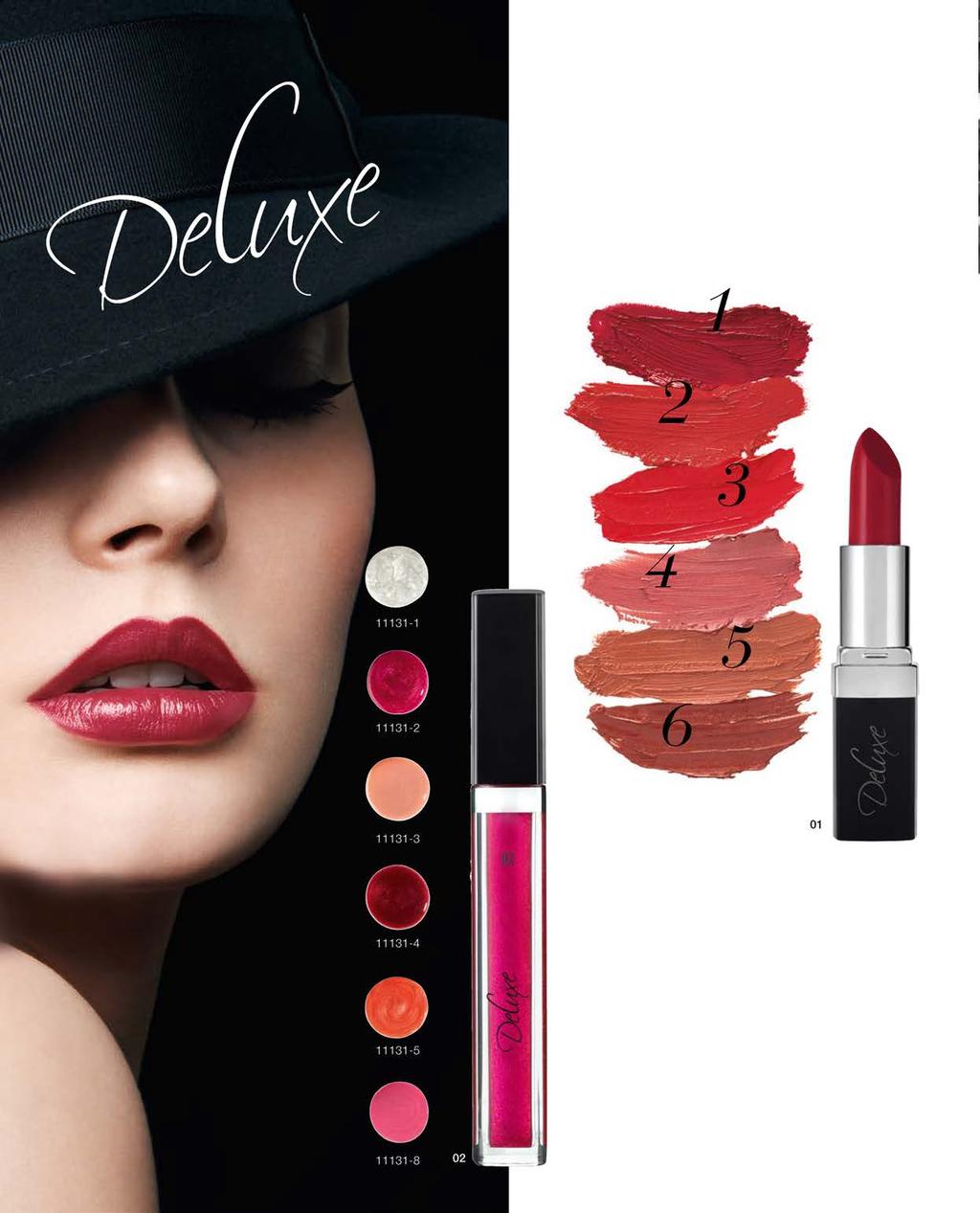 Het model draagt High Impact Lipstick 11130-1; Signature Red 02 Brilliant Lipgloss schitterend, glanzend, levendig 3-D-effect voor volle lippen met verzorgende werkstoffen 4 ml 11131-1 Dramatic