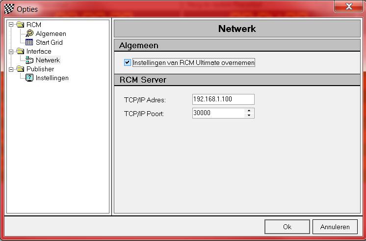 5.2.3 Netwerk. Bij Netwerk moet u het IP-adres configureren van de computer waar de tijdwaarneming software op runt (zoals beschreven bij het hoofdstuk De Eerste stappen in deze handleiding).