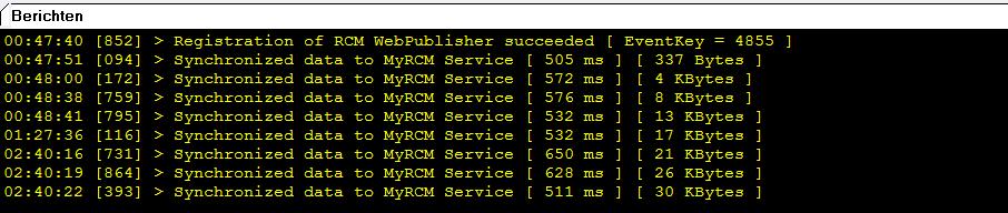 Nadat u RCM Web Publisher heeft gestart (en nadat de verbinding met RCM Ultimate tot stand is gekomen) moet u een bericht zien van: Registration of Webpublisher succeeded.