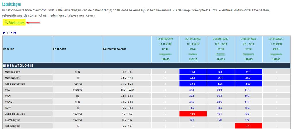 7. Uitslagen De pagina Uitslagen geeft een overzicht van de resultaten van de aangevraagde onderzoeken van uw patiënt.