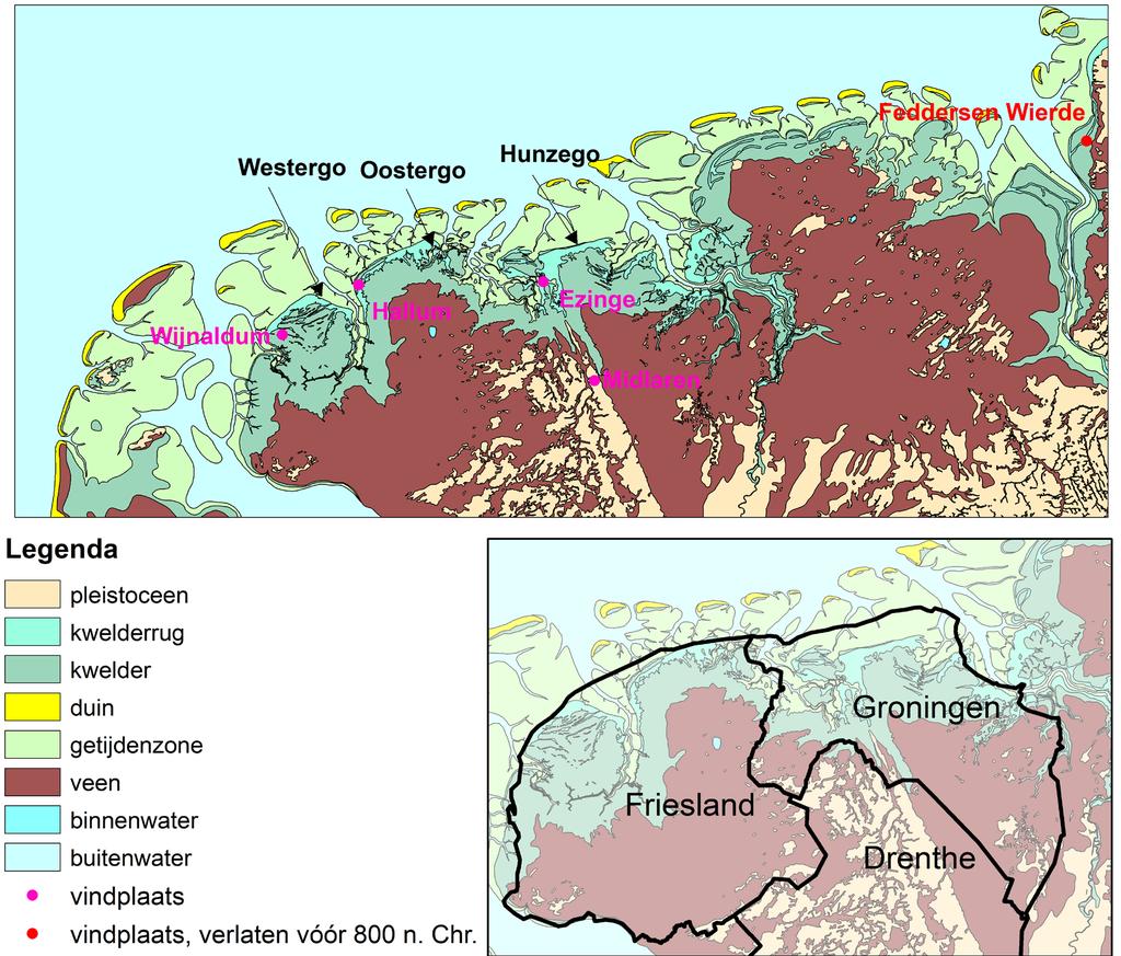 110 Tessa Krol Fig. 4 De bij het bakselonderzoek bestudeerde vindplaatsen op een paleografische kaart van Noord-Nederland en een deel van Noordwest-Duitsland van de situatie rond 800 n. Chr.