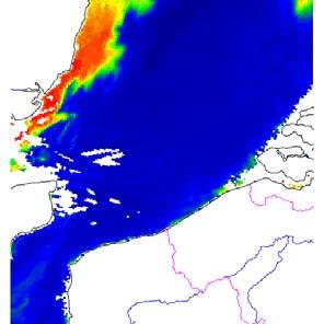 Figuur 4.10: Concentratie (mg/l) van het totale suspensiemateriaal afgeleid uit SeaWifs beelden. voor 1999.