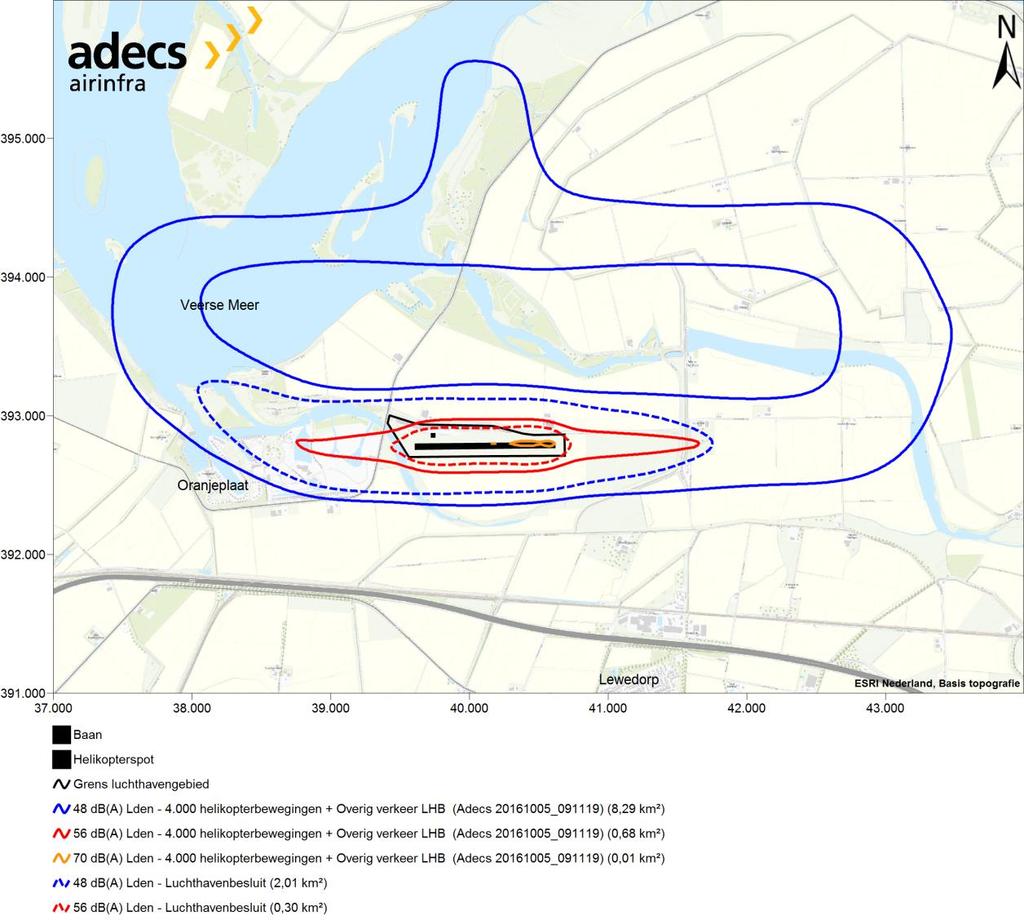 Figuur 3 Overzicht ligging van de 48, 56 en 70 db(a) L den-contouren van de nieuwe situatie ten opzichte van het luchthavenbesluit.