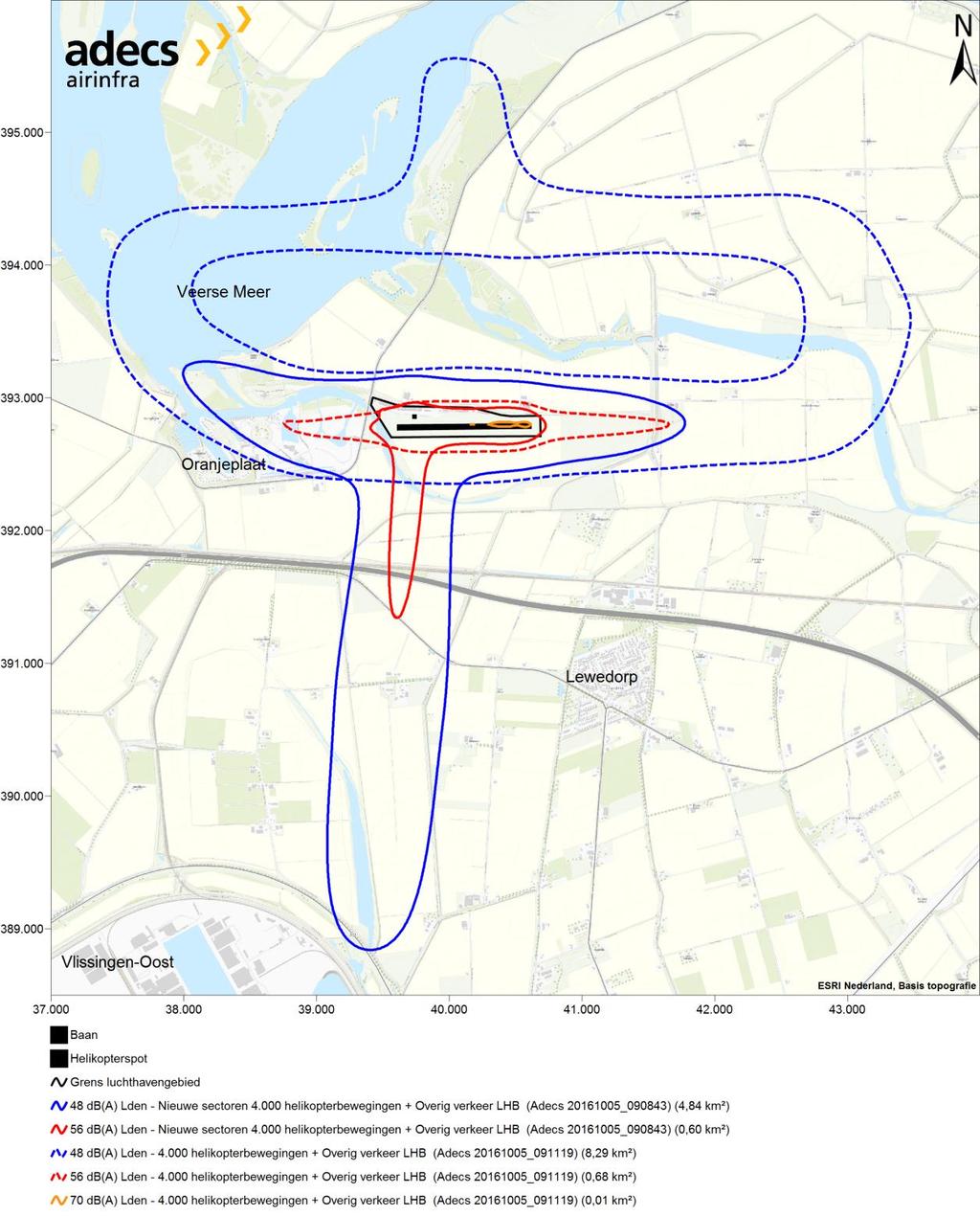 Figuur 5 Overzicht ligging 48, 56 en 70 db(a) L den-contouren met de nieuwe helikoptersectoren ten opzichte van de situatie met 4.