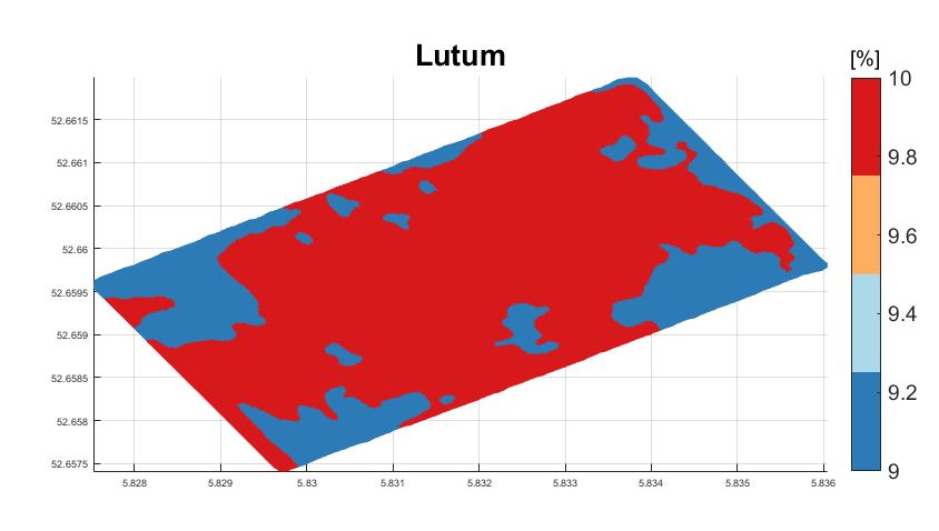 3.2.3. 3.2.3 Lutum-kaart Hieronder is de lutum-kaart van de bodemscan van LoonwerkGPS weergegeven met daaronder een spreidingsgrafiek waarbij de waarden van de 40 referentiemonsters zijn uitgezet