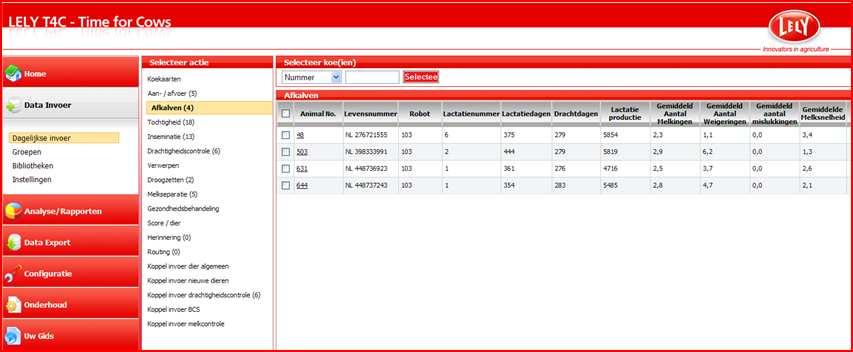 1.4 Invoer Afkalven Het invoeren van een afkalving gaat als volgt: 2. Menu: Dagelijkse invoer 3. Selecteer actie: Afkalven 4.