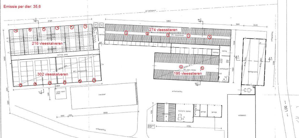 Figuur 28: Emissiepunten en dieren voor het bedrijf aan Loo 33 te Nistelrode Navolgende figuur geeft een beeld van de hoogte van de stallen en de emissiepunten.