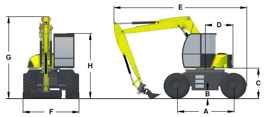 Specificaties STATISCHE AFMETINGEN A Wielbasis 2650 mm B Bodemvrijheid 350 mm C Vrijehoogte bovenwagen 1370 mm D Zwenkradius contragewicht 1320 mm E Totale lengte 6300 mm F Transport breedte 2600 mm