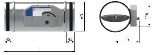 ICV-C-H Ronde constant volumeregelaar Diameter V min (m³/h) V max (m³/h) Ød Ød1 L L1 L2 Gewicht ICV-C-H Gewicht ICV-C-H-Z* 98 155 3 251 93 1,2 2,0 125 125 300 123 360