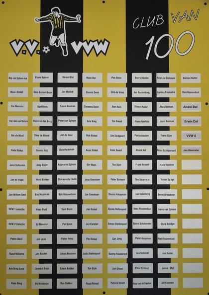 CLUB VAN 100 Voetbalvereniging V.V.W. Wervershoof De Club van 100 werd in januari 2000 opgericht, een club die in dienst staat van V.V.W. Activiteiten en materialen zijn nu eenmaal kostbaar voor een vereniging maar mede door de Club van 100 is en blijft gelukkig veel realiseerbaar.