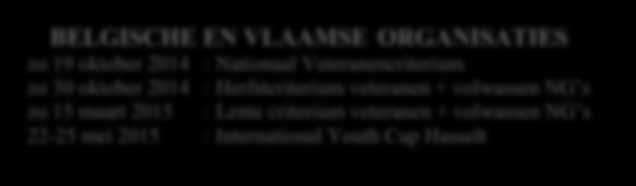 11 november 2014 : Vlaamse Jeugdkampioenschappen Zo.01 februari 2015 Vlaamse Kampioenschappen (ABCDE) Za.7- Zo 8 feb 2015 : Belg.Kamp. Jeugdreeksen Zo.15 februari 2015 Belg.Kamp. BCDE-enkel Zo.
