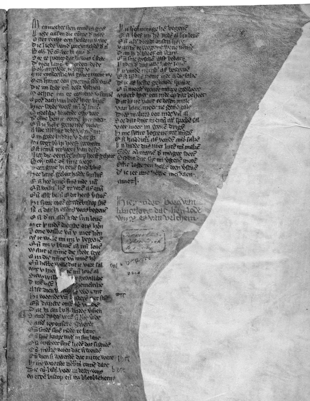 Het laatste blad van de door Velthem samengestelde Lancelotcompilatie (Den Haag, Koninklijke Bibliotheek, hs. 129 A 10, fol. 238r). Velthem, met name zijn Arturromans?