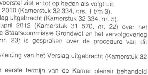 De behandeling van het betreffende wetsvoorstel ziet ertot op heden als volgt uit: De tweede lezing is ingediend op 8 maart 2010 (Kamerstuk 32 334, nrs. 1t/m 3).