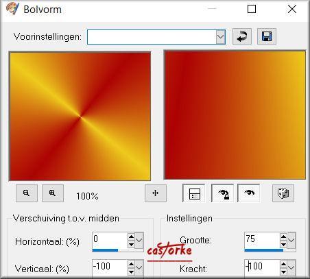 1. Nieuwe afbeelding 800 x 600 transparant. 2. VG-kleur: #eeca1c - AG-kleur: #ac0303 3. Maak een verloop Radiaal hoek 309, herh 3 4. Vul met verloop.