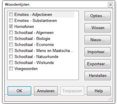 Hierna verschijnt het venster van de woordenlijsten. Duid de lijst aan die je wilt instellen (hier: Homofonen). Klik vervolgens op Opties rechts bovenaan.