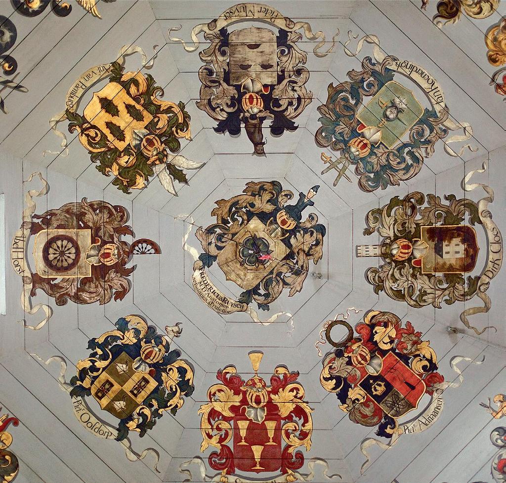 Figure 4. : Coats of arms of the surgeons in Amsterdam, painted in the dome of the former Theatrum Anatomicum in the Waag. Photo: Matthanja Bieze.