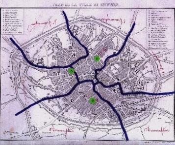Stadsplan van Brugge met de onderverdeling in secties en de ligging van de drie dispensaria die aangeduid zijn met een ronde groene sticker.ocmw-archief Brugge. Gerechtigden op bijstand.