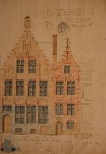 Aquarel van de gevelrestauratie van de Armenapotheek (1897) door Bouchez (1895). OCMW-archief Brugge. Kaarten en plannen.