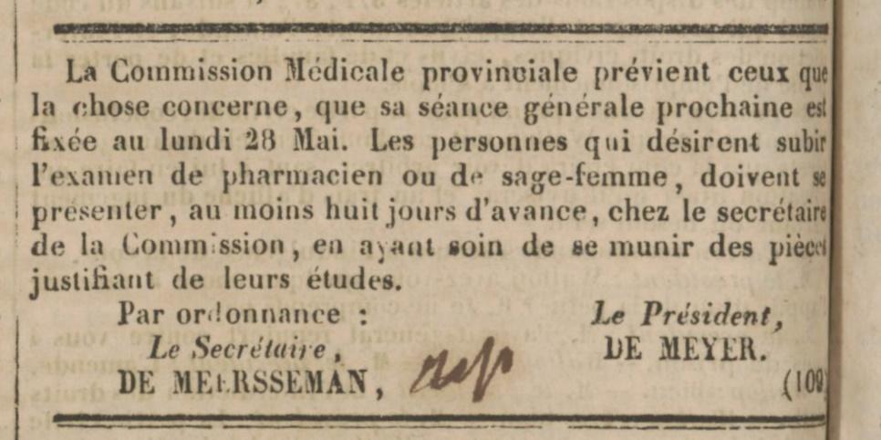 Journal de Bruges, 05/01/1838 Bij moeilijkere bevallingen moeten de vroedvrouwen de hulp inroepen van een armendokter die hierin gespecialiseerd is.