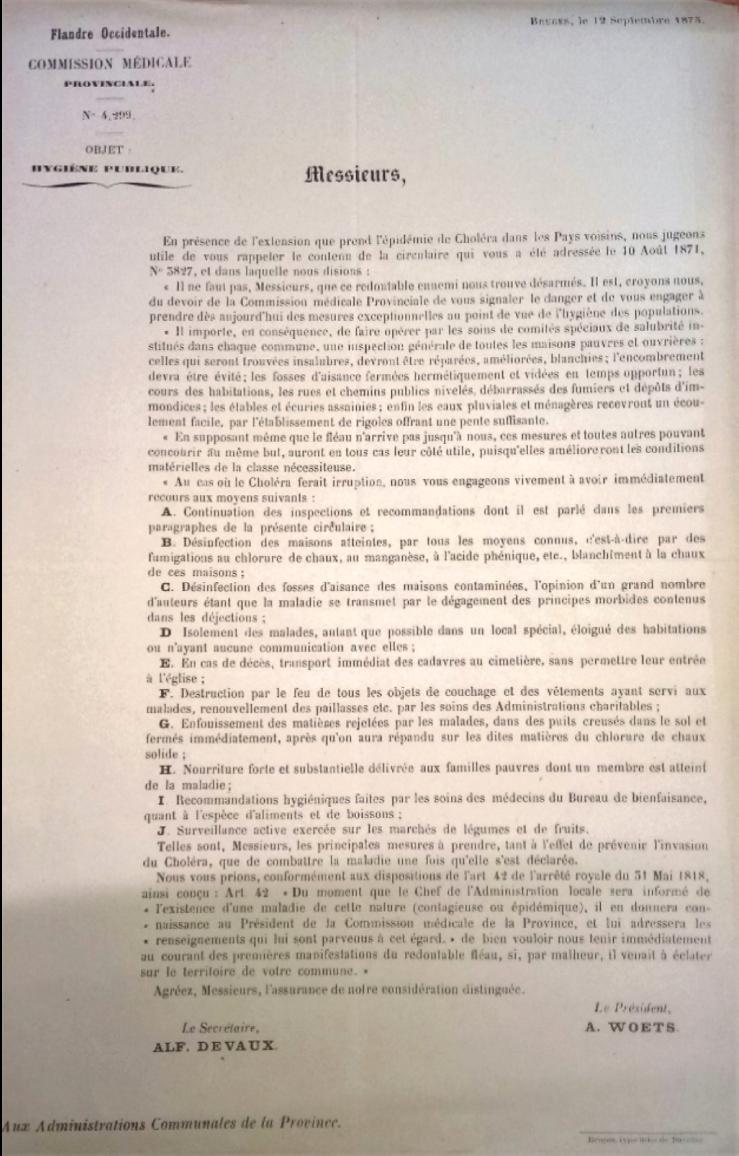 Omzendbrief van de provinciale medische commissie van West-Vlaanderen Over de maatregelen die moeten genomen worden tegen de cholera (1873). OCMW-archief Brugge.