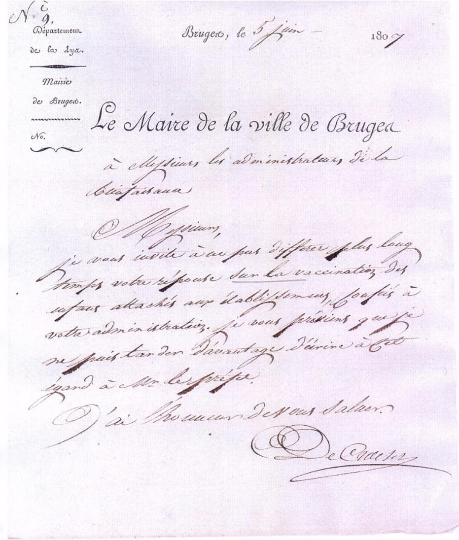 Brief van het stadsbestuur van Brugge (1807) in verband met de koepokinenting OCMW-archief Brugge. Bureel van Weldadigheid. Geneeskundige Dienst. 191/284.