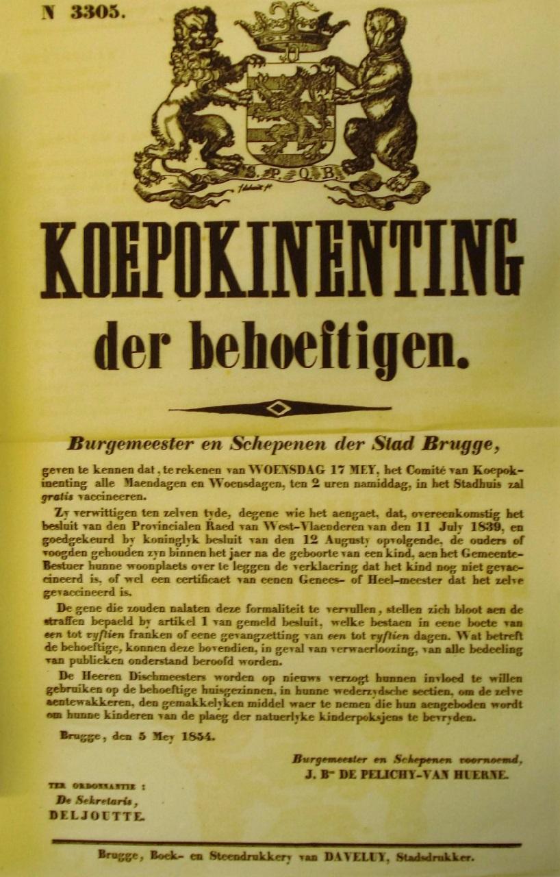 Affiche aankondiging koepokinentingen in Brugge (1854).OCMW-archief.