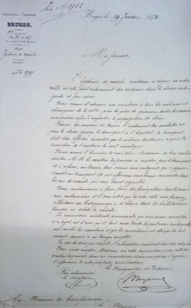 Brief van het stadsbestuur van Brugge over de maatregelen die moesten genomen worden tegen de pokkenepidemie (1872).