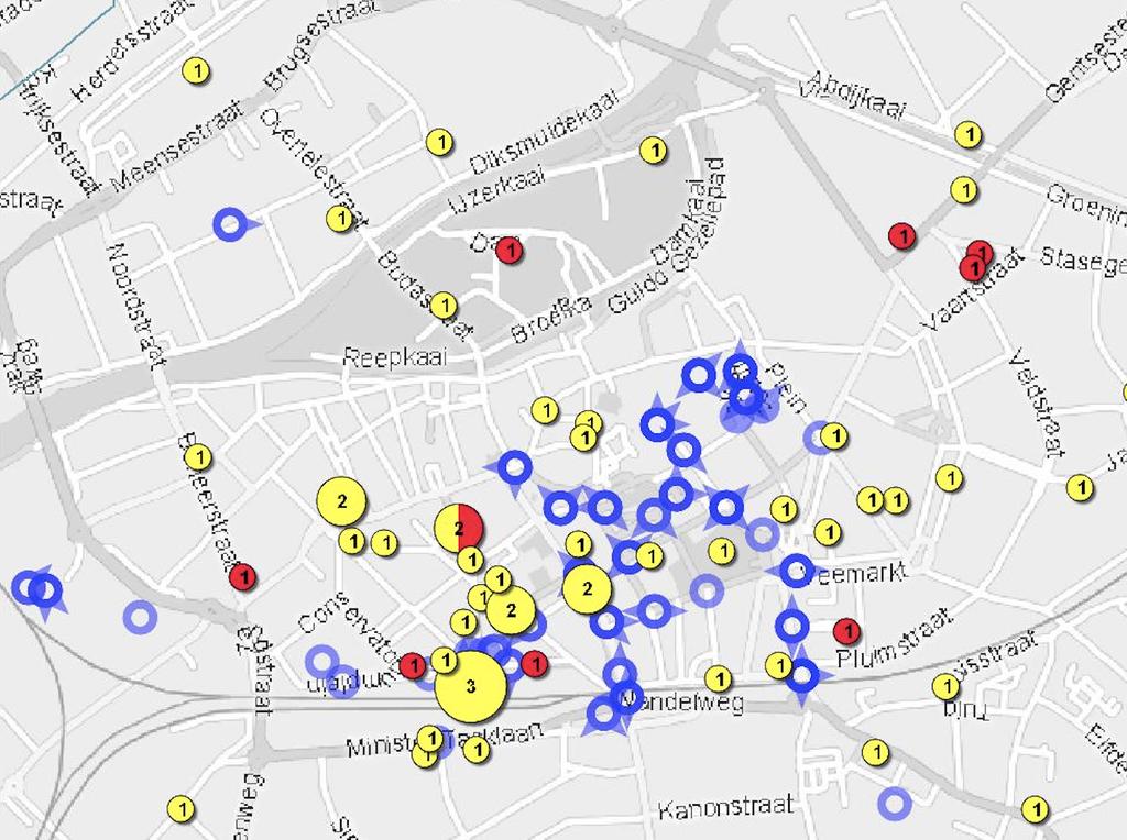 We zien dat zowel de diefstallen met geweld zonder wapen (geel) als deze met wapen (rood) voornamelijk plaatsvinden op plaatsen waar nog geen camera s staan.