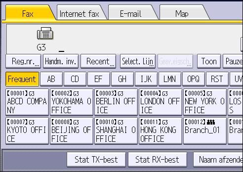 4. Fax 6. Geef scaninstellingen op, zoals de scangrootte en scanresolutie. 7. Configureer de gewenste verzendinstellingen, zoals [TX modus]. 8. Geef een bestemming op.