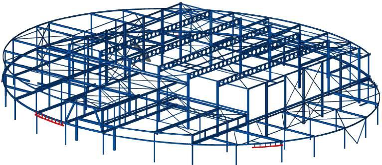 3.5 Overzicht van de staalconstructie. 3.2 Stabiliteit De staalconstructie wordt op diverse posities in het gebouw gestabiliseerd (afb. 3.6 en 3.7).