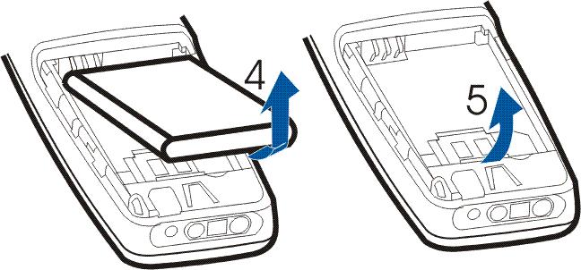 2. Verwijder de batterij door deze bij de uitsparing uit de telefoon te tillen (4). Trek de SIM-kaarthouder voorzichtig bij de uitsparing naar boven (5).