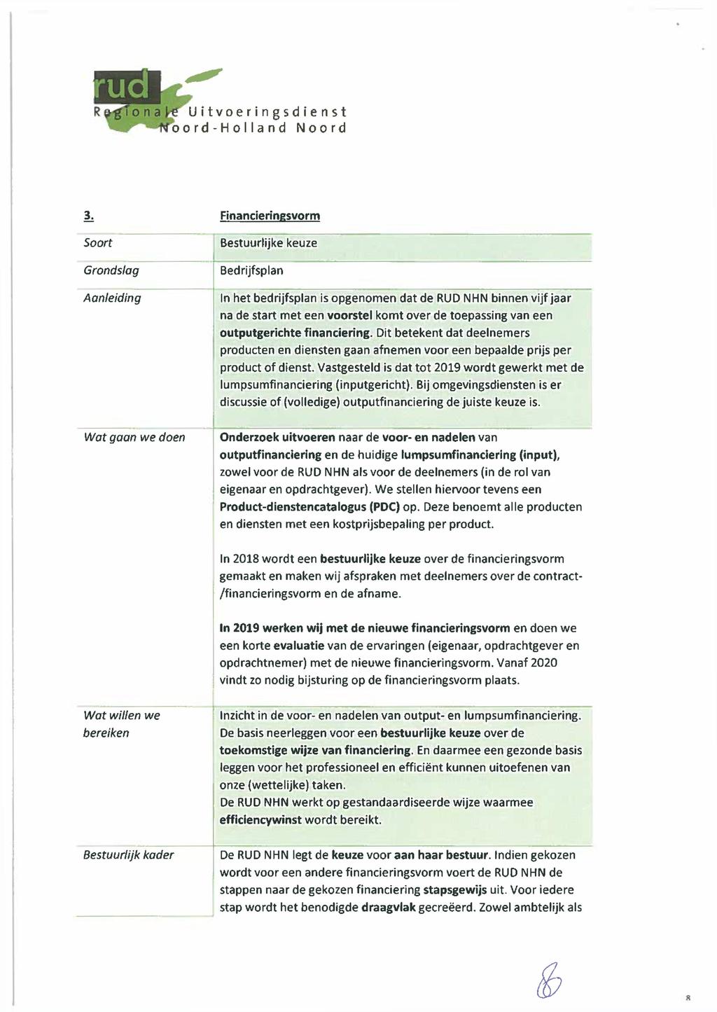 R p-gto n a U i t v o e r i n g s d i e n s t o r d - H o l l a n d N o o r d 3, Financieringsvorm Soort Grondslag Aanleiding Bestuurlijke keuze Bedrijfsplan In het bedrijfsplan is opgenomen dat de