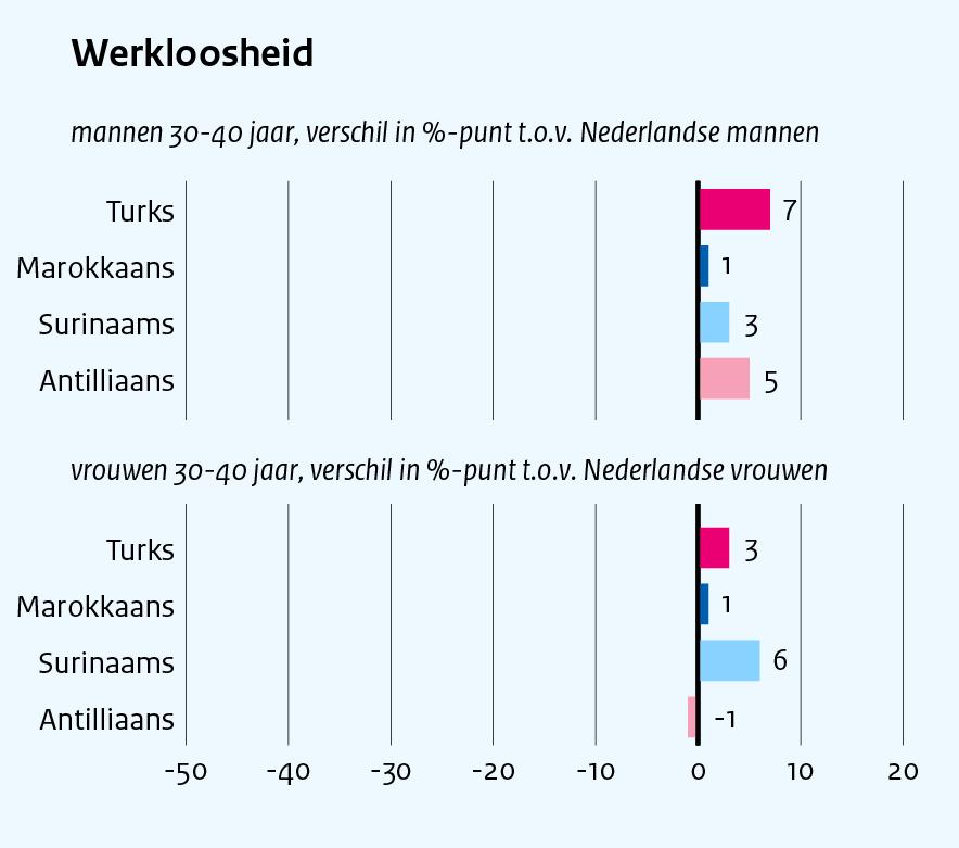 Ter illustratie: Turkse mannen zijn minder vaak onderdeel van de beroepsbevolking (12%-punt), hebben een hoger werkloosheidspercentage (7%-punt), werken minder uren (7%) en hebben een lager uurloon