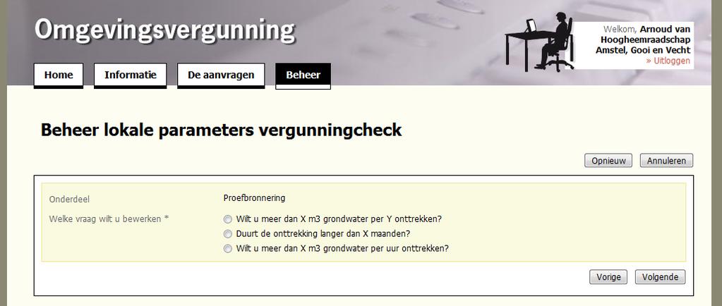 Het eerste scherm van beheer lokale parameters vergunningcheck (waarop de keuze voor het onderdeel wordt gemaakt) zoals deze bestaat in de situatie voor release 2.7 komt te vervallen.