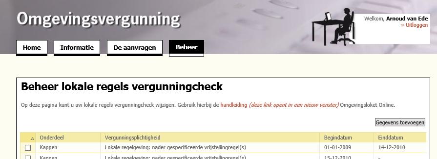 3.13 Link naar handleiding op beheerschermen Op een aantal beheerschermen wordt er een algemene melding getoond die aangeeft dat men bij dit onderdeel de handleiding moet gebruiken.