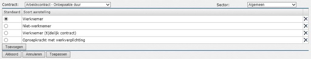 Per contract kunt u hier kiezen welke soorten aanstelling hierbij van toepassing zijn. In het bovenstaande geval: een arbeidscontract voor Onbepaalde duur.
