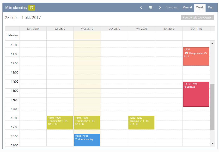 A) PERSOONLIJKE AGENDA Deze bevindt zich aan de linkerkant van het scherm. Hierop zie je alle activiteiten (trainingen, wedstrijden, ) waarop jij wordt verwacht.