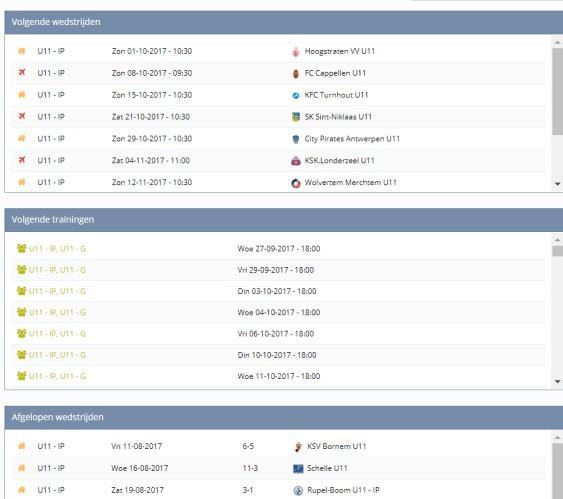 B) TRAININGEN & WEDSTRIJDEN Rondom je planning zie je verschillende tabellen met de belangrijkste info.