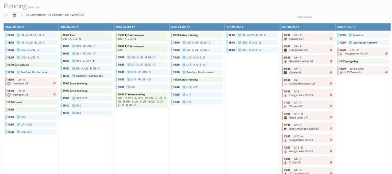 PLANNING KALENDER CONSULTEREN Om naar de planning van de club te gaan, klik je op (links in menu-scherm). In dit tabblad zie je alle activiteiten van de volledige club.