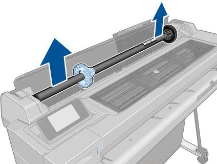 2. Verwijder de as uit de printer. WAARSCHUWING! Plaats uw vingers niet in de assteunen tijdens het verwijderen. 3. Aan elk uiteinde van de as bevindt zich een stop om de rol op zijn plaats te houden.