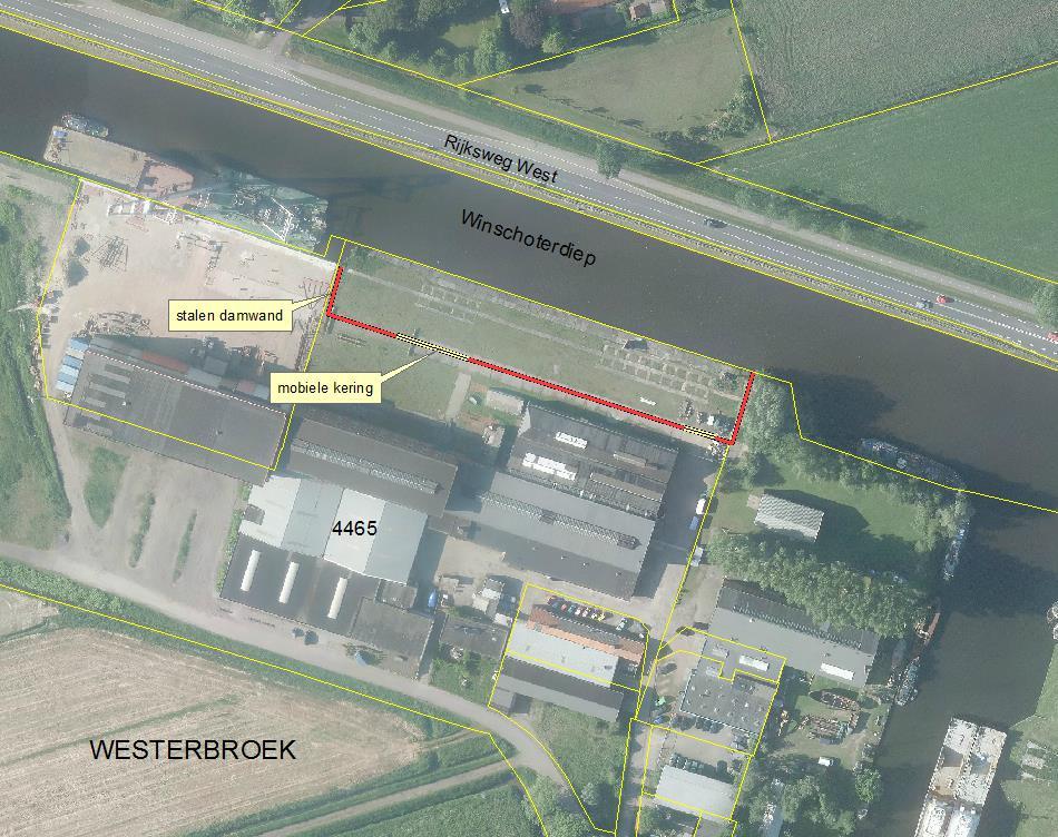 5. Bijzondere voorschriften 5.1. Plaats a. De werken worden uitgevoerd in de waterkering van het Winschoterdiep te Westerbroek. b. Een en ander als aangegeven op onderstaande luchtfoto. 5.2.