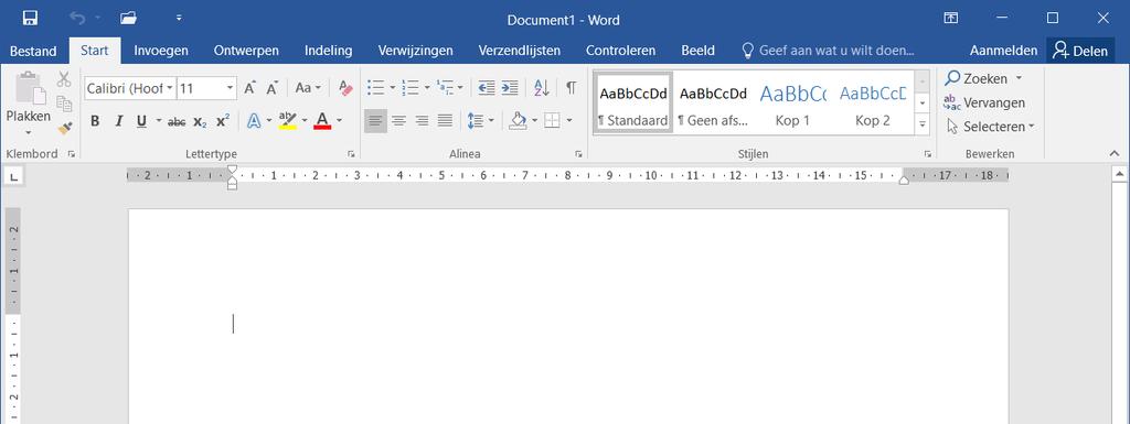 16 Computergids Word 2019, 2016 en Office 365 Het venster van Word 2016 ziet er zo uit: In de titelbalk