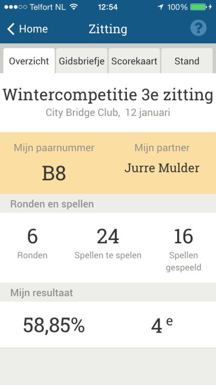 Bridgemate app Informatie voor spelers Pagina 8 Met de blauwe knop kunt u eerder gespeelde zittingen opnieuw inzien.