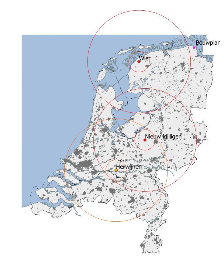 8/20 Figuur 5. Locaties van de twee MPR gevechtsleidingsradars (rode ruit) en de nieuwe locatie Herwijnen (oranje ruit) met daaromheen de 15 en 75 km cirkels.