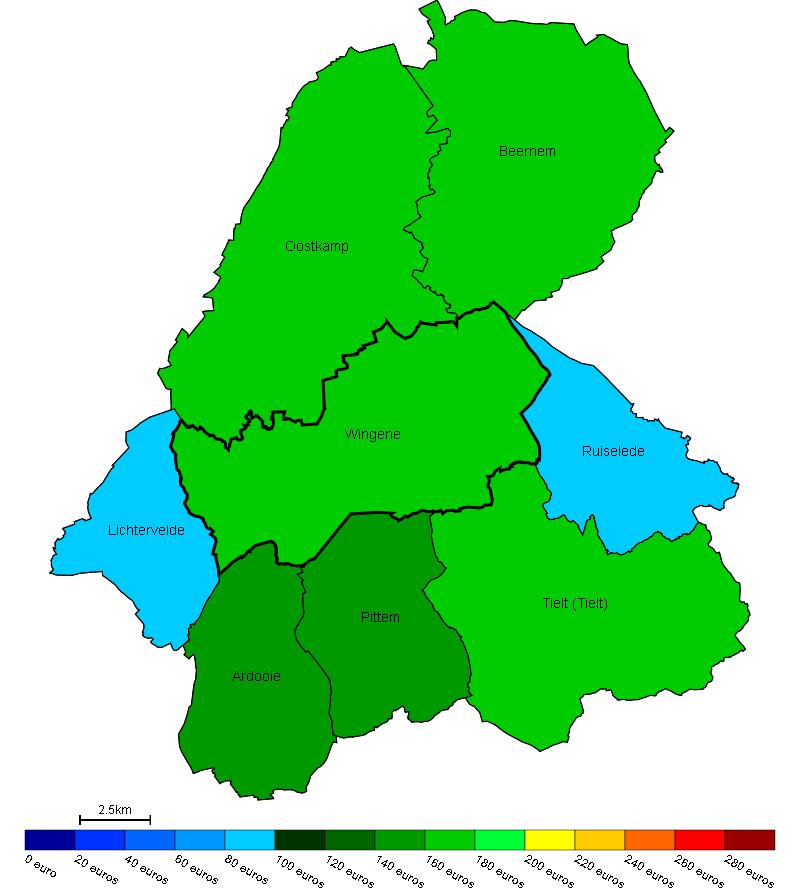 Vastgoed Prijs van bouwgrond in Wingene en omgeving Gemiddelde prijs in e/m 2 van bouwgrond in Wingene en omgeving Bron : Berekeningen van de ADSEI (FOD Economie) op basis